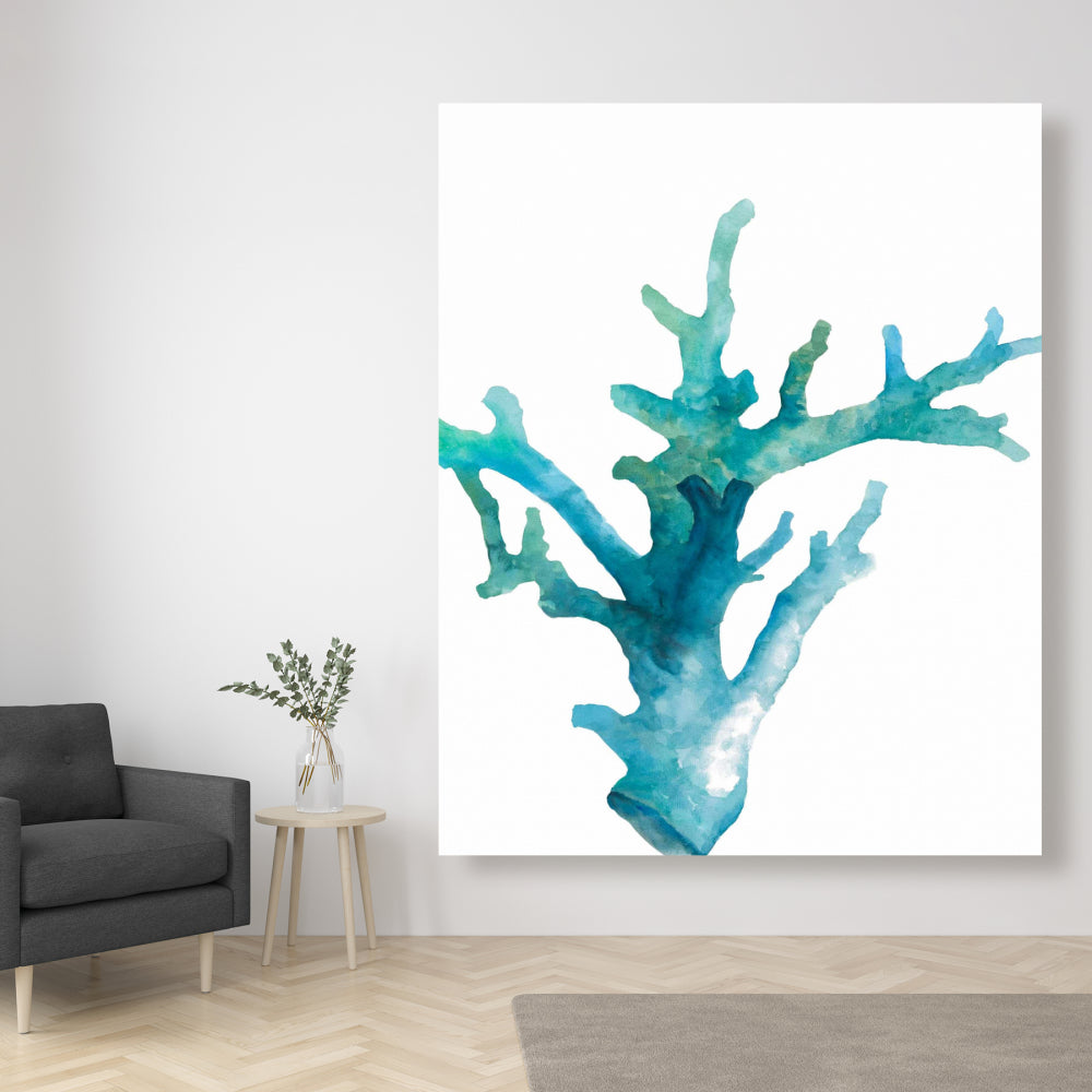 Toile aquarelle bleu scandinave avec corail marin | Décoration d'intérieur