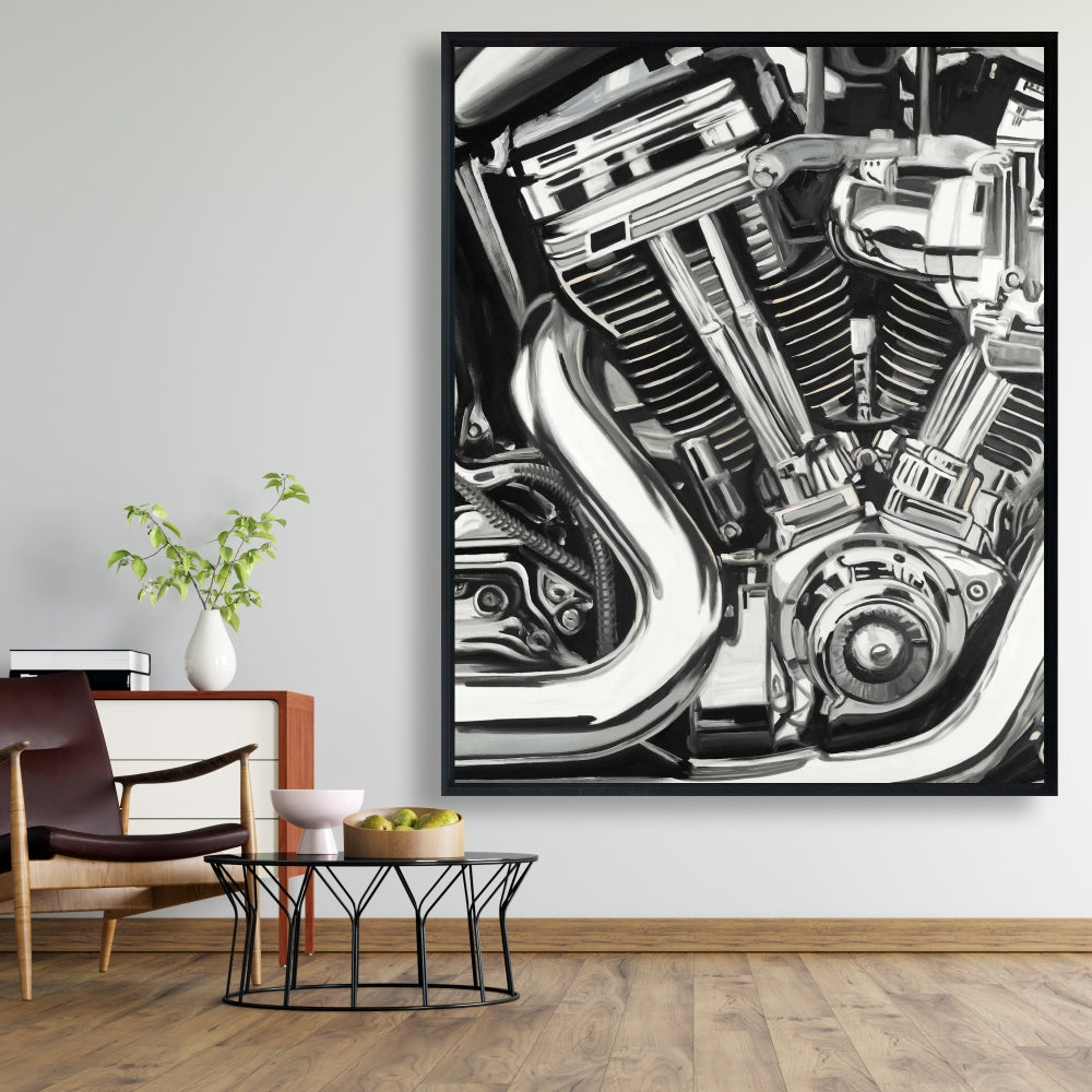 Motorcycle Mechanism Canvas | White Framed Art for Home Decor