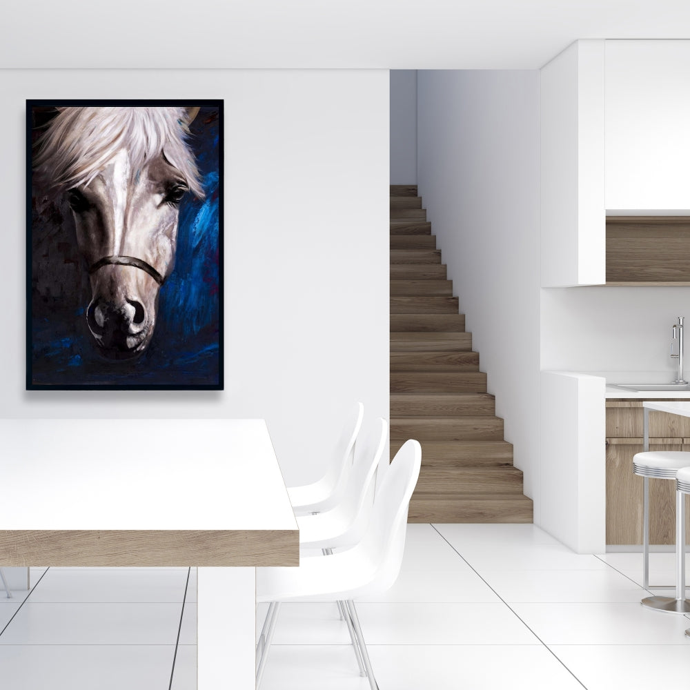 White Horse on Blue Canvas | Contemporary Animal Home Decor
