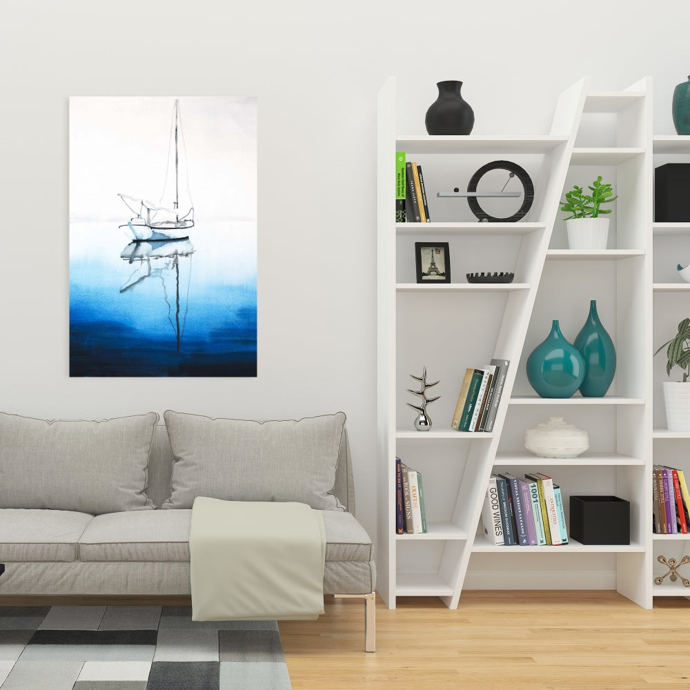 White Boat Canvas - Coastal Bedroom Decor | Deep Blue Water Art