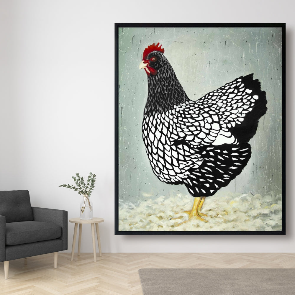 Toile « Poule Wyandotte » | Décoration rustique avec cadre noir