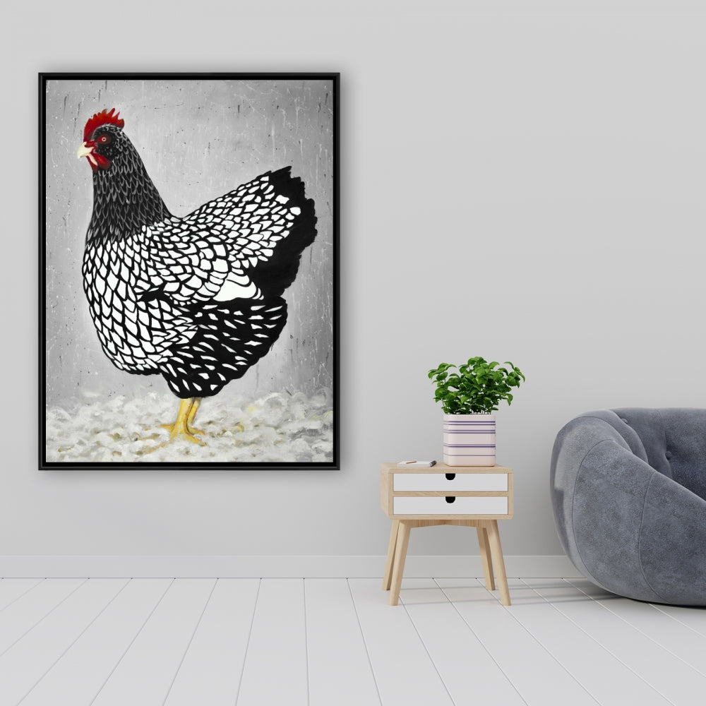 White Rustic Framed Canvas | Black and White Wyandotte Hen