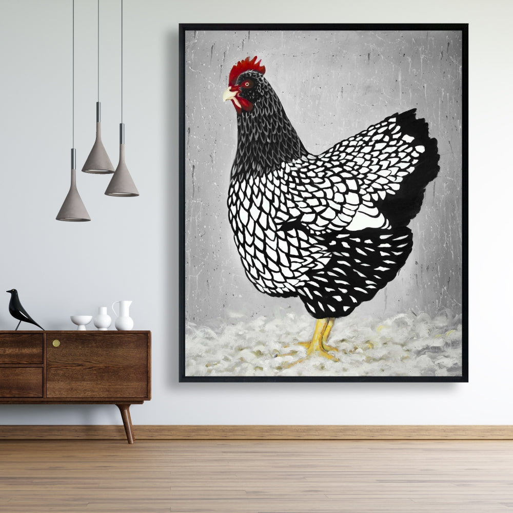 White Rustic Framed Canvas | Black and White Wyandotte Hen