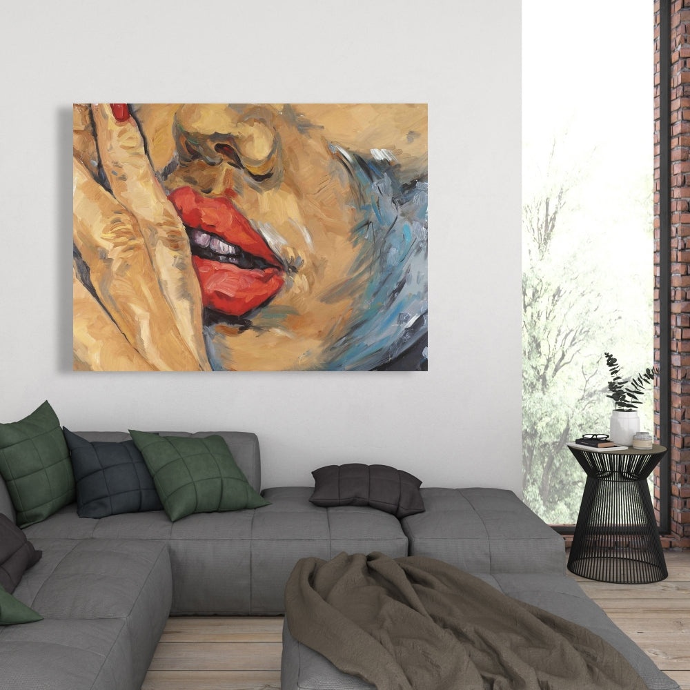 Beauty Contemporary Brown Canvas - Shushing Lips Closeup Decor
