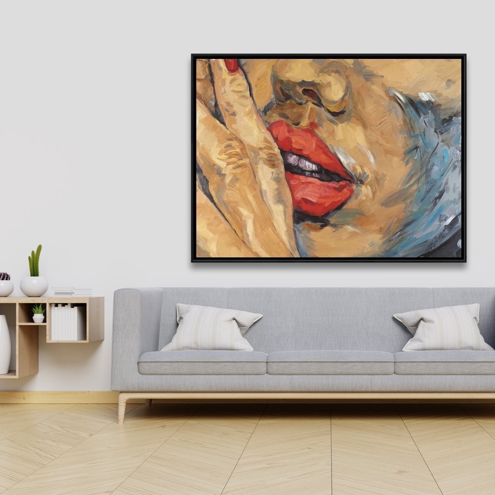 Figurative Brown Contemporary Framed Canvas - Shushing Lips Decor
