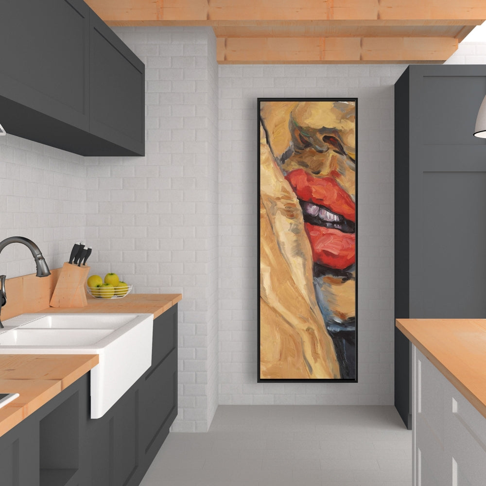 Figurative Brown Contemporary Framed Canvas - Shushing Lips Decor