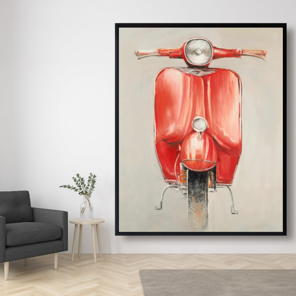 Small Red Moped Canvas | Red Transportation Motorcycle Art