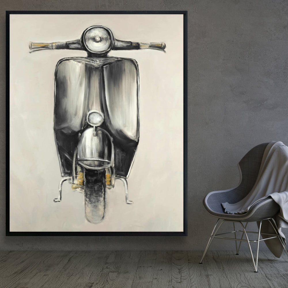 Small Black Moped Gray Framed Canvas | Bedroom Wall Decor
