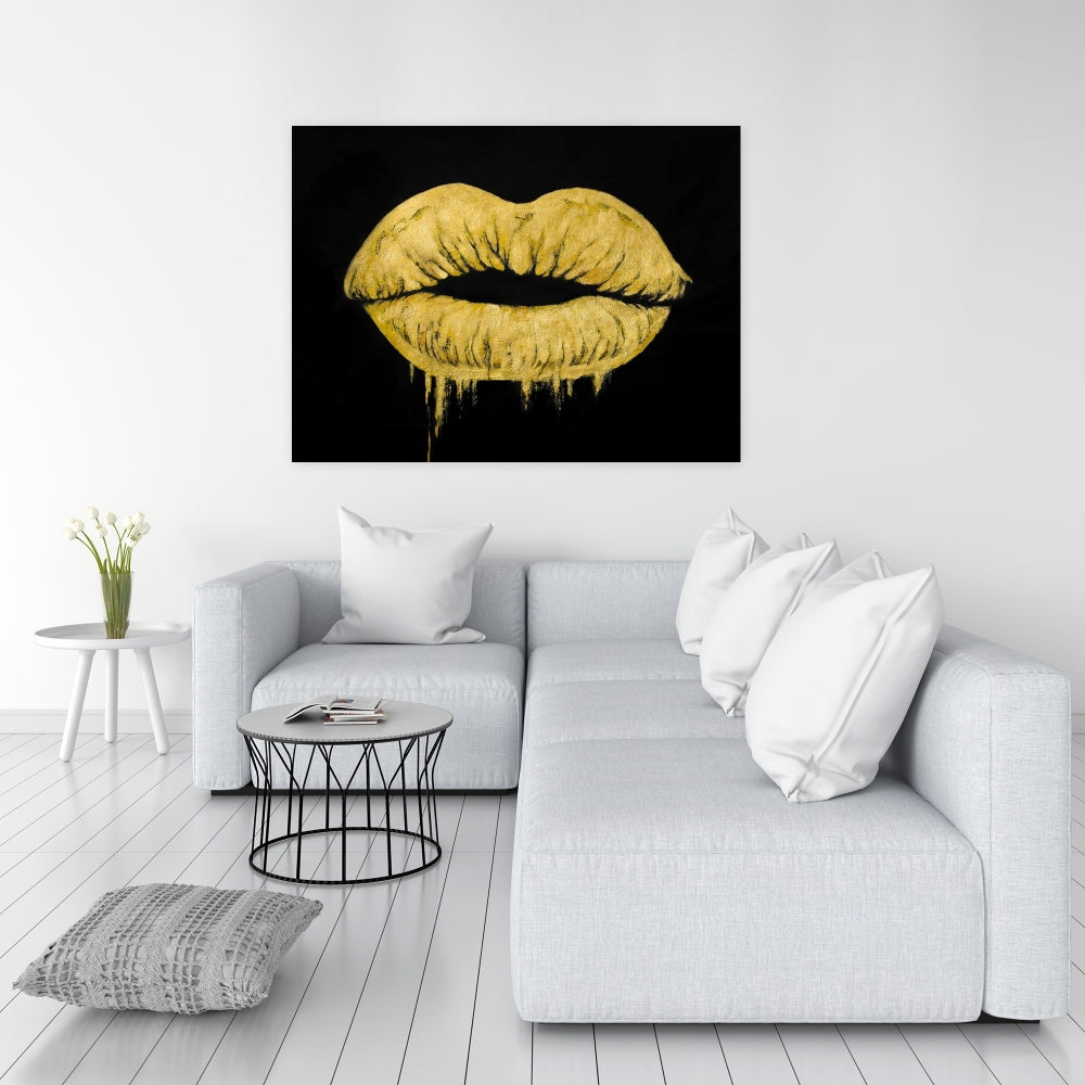 Golden Lips Black Canvas - Stylish Home Decor for Women