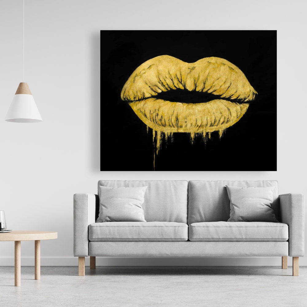 Golden Lips Black Canvas - Stylish Home Decor for Women
