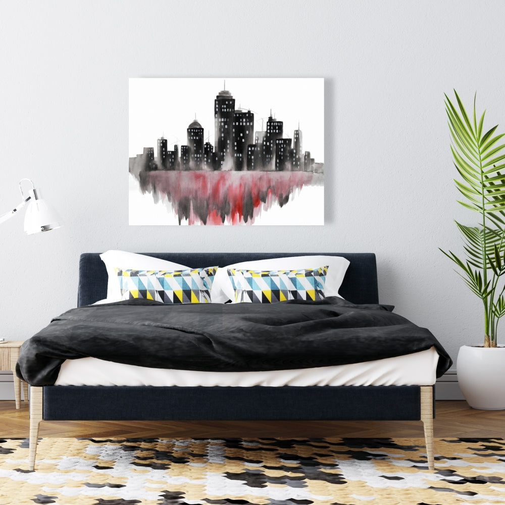 Red Watercolor Cityscape Canvas | Bedroom Wall Art Decor