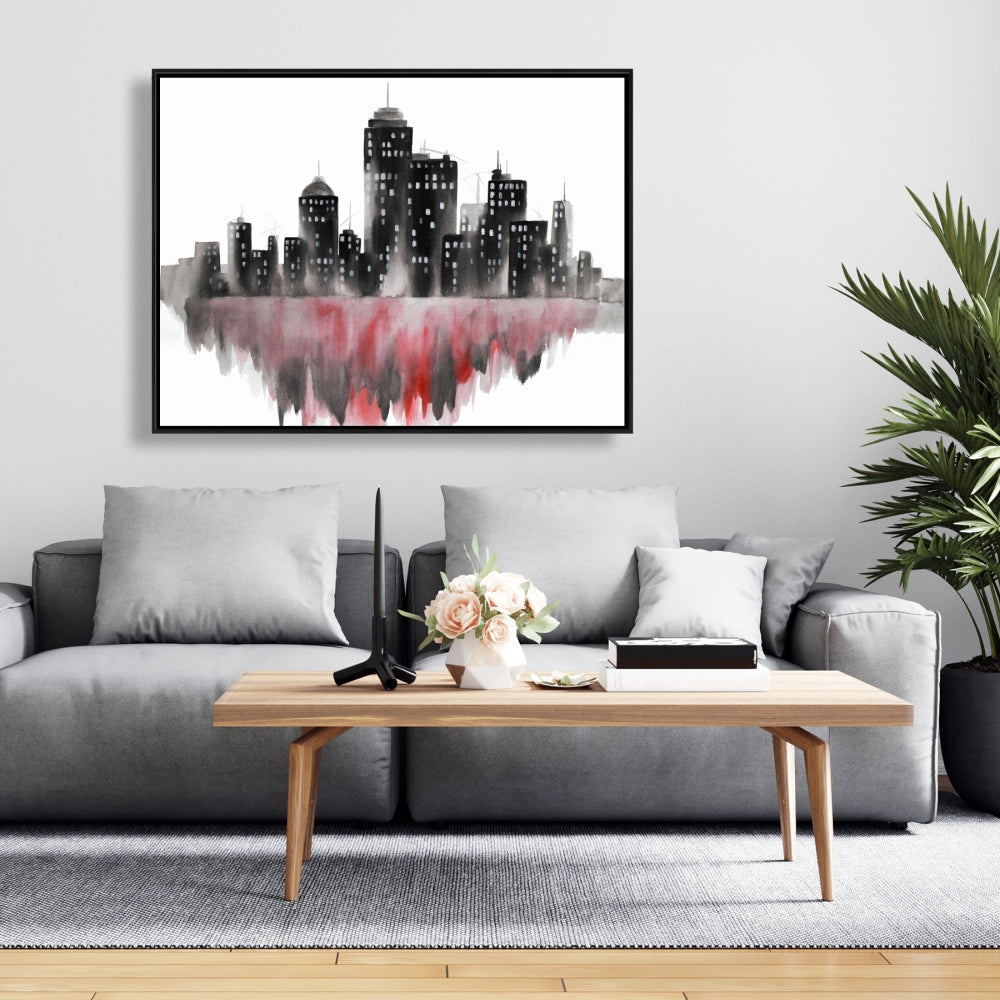 Red Watercolor Cityscape | Gray Framed Canvas - Home Decor
