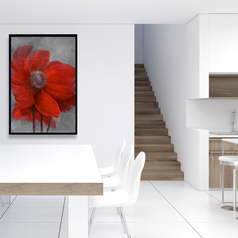 Fleur rouge dans le vent | Décoration botanique grise pour chambre à coucher