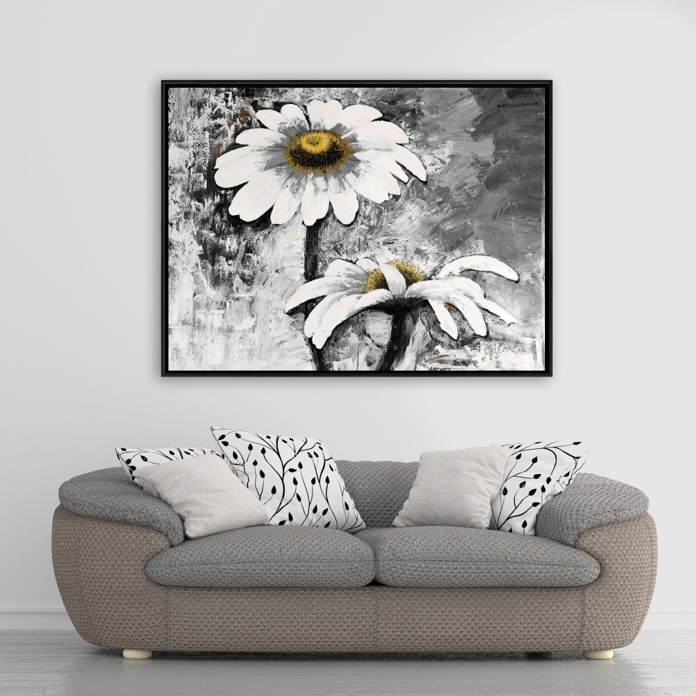 Toile abstraite avec marguerites et fleurs - Décoration industrielle pour chambre blanche