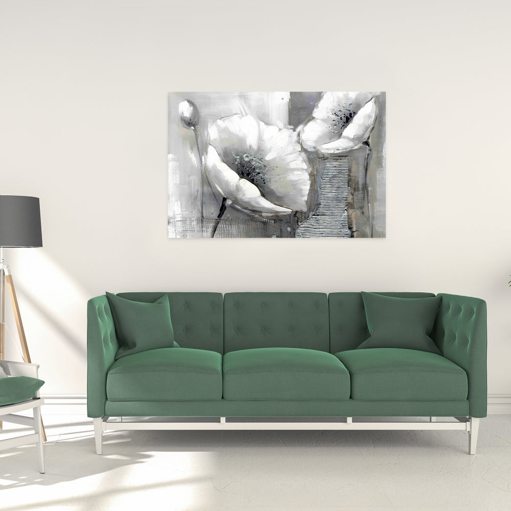 White Botanical Canvas - Industrial Monochrome Flowers Decor