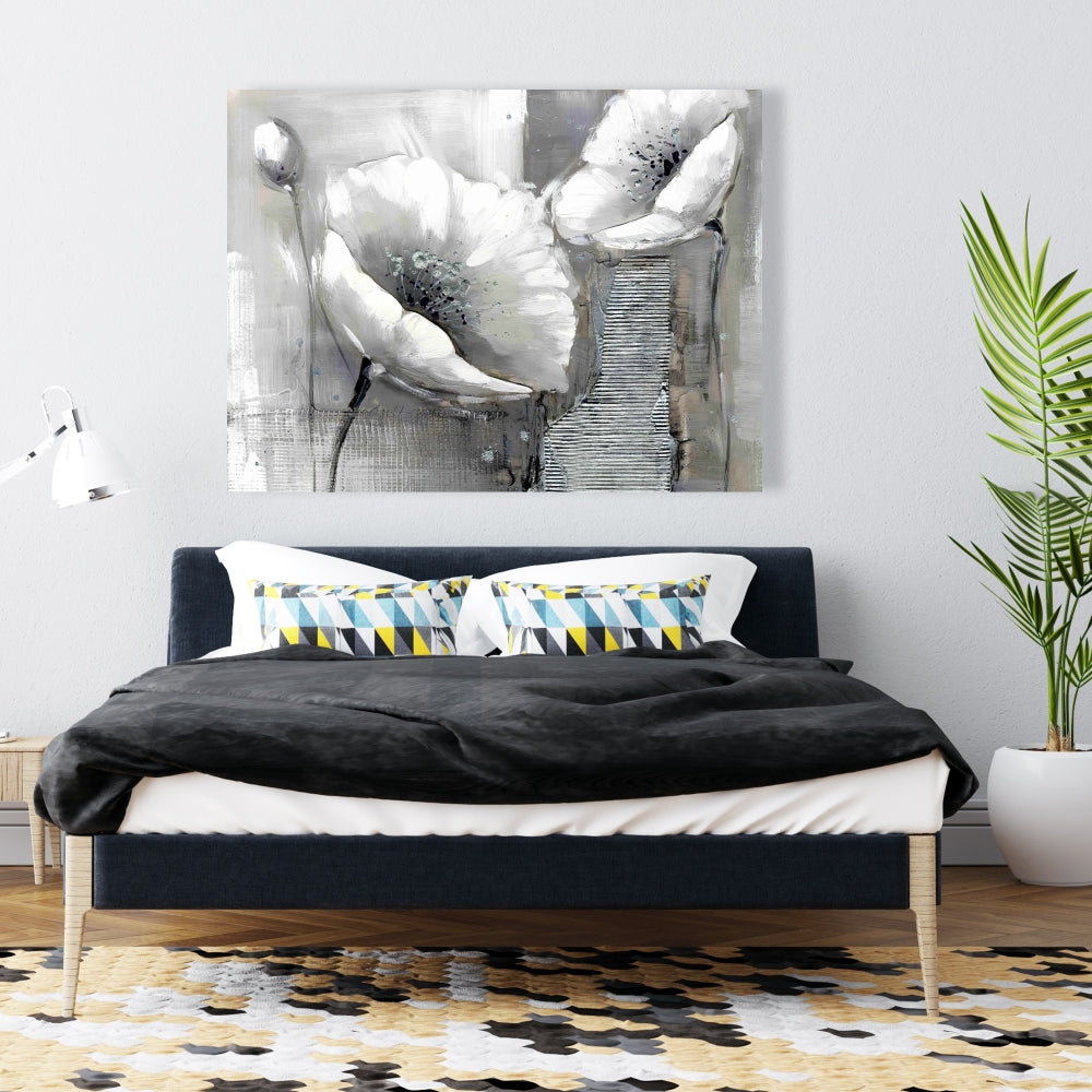 White Botanical Canvas - Industrial Monochrome Flowers Decor