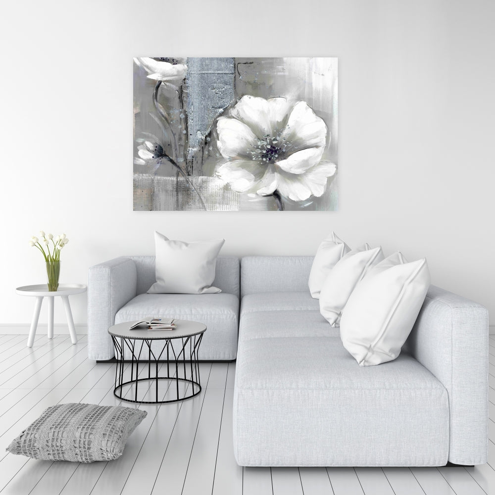 Monochrome Silver Flowers Canvas - Botanical Industrial Decor