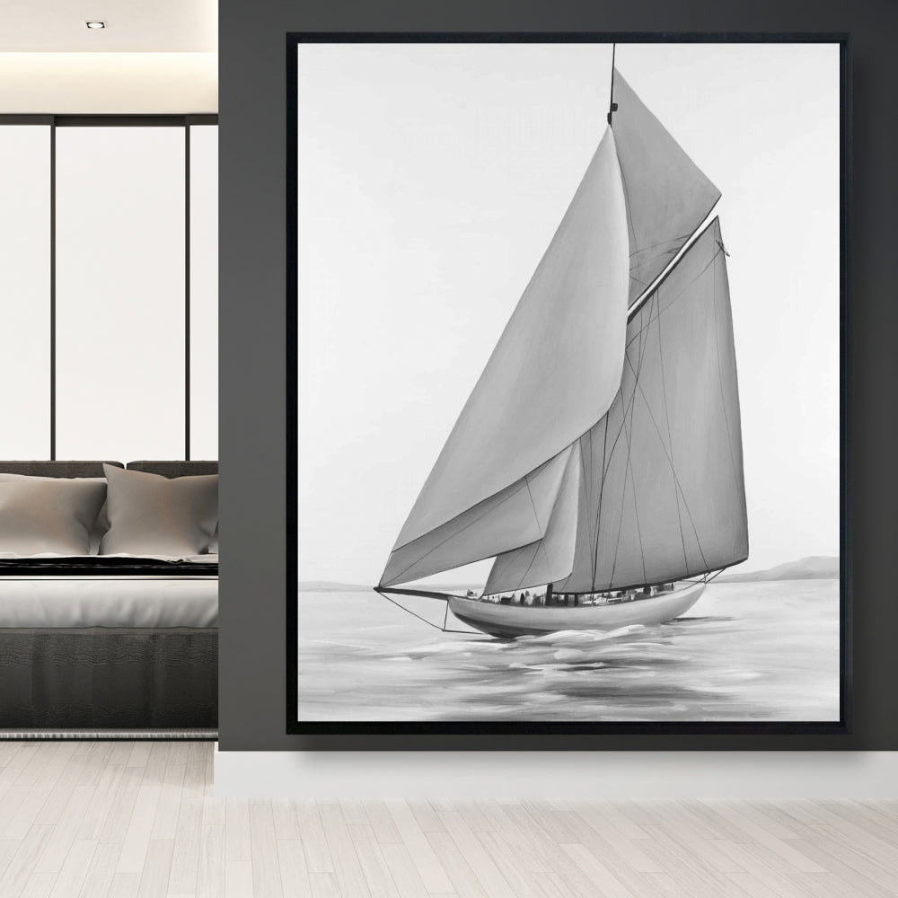 Toile vintage avec voilier | Cadre blanc monochrome