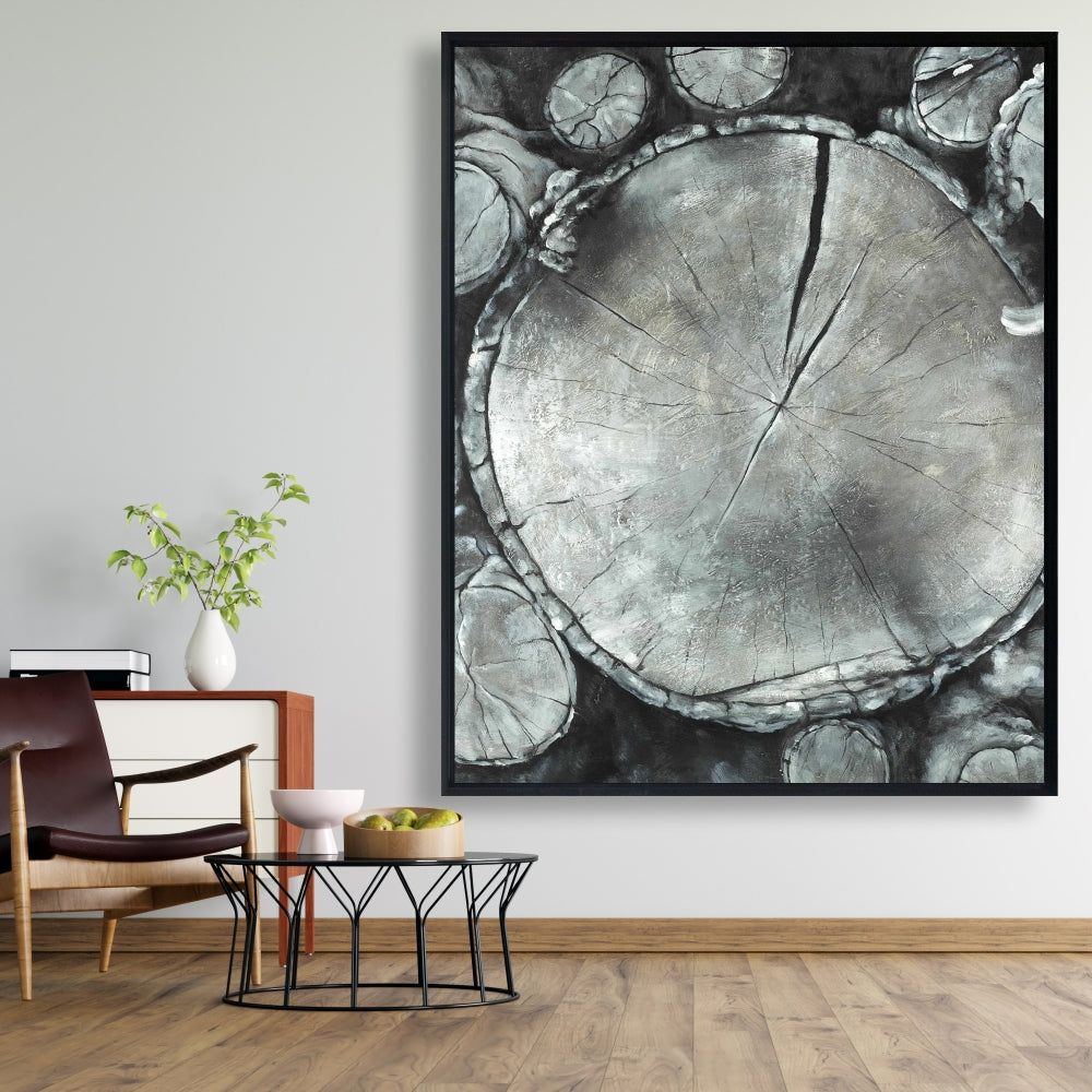 Stacked Wood Logs Canvas | White Framed Monochrome Decor