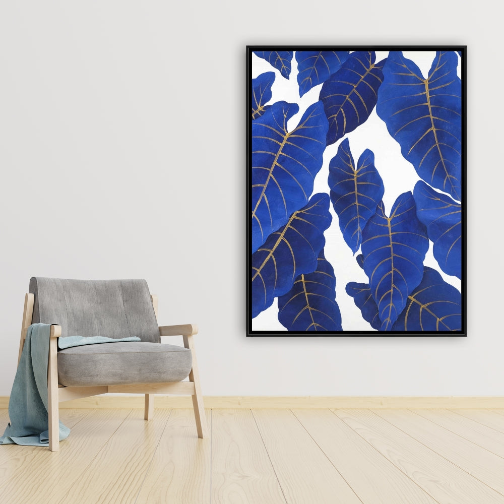 Tropical Abstract Blue Leaves | Botanical Canvas for Bedroom Decor