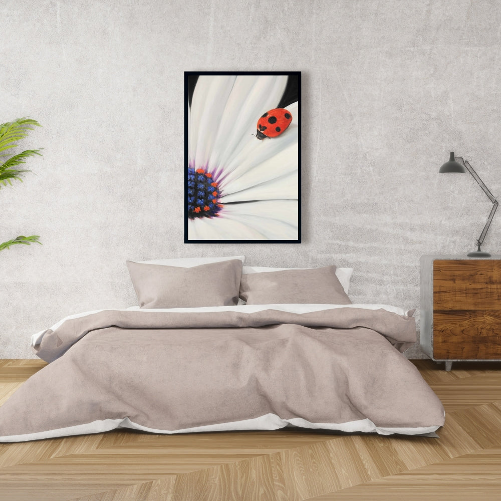 White Daisy and Ladybug Canvas - Romantic Botanical Decor