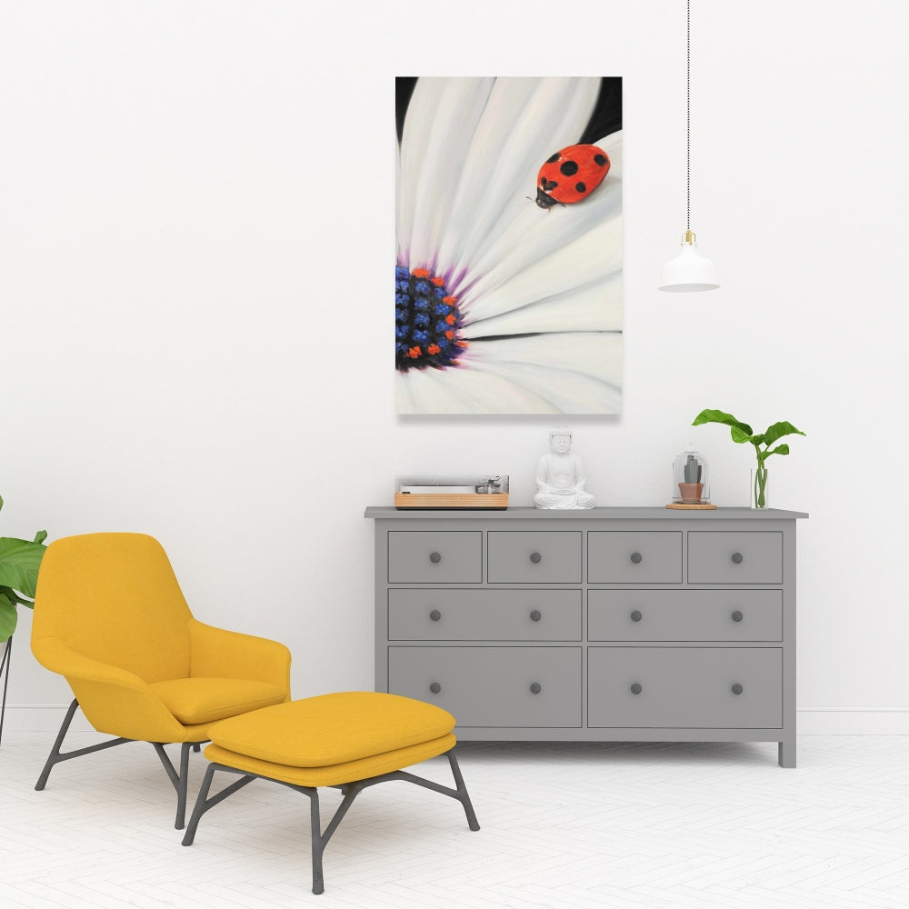 White Daisy and Ladybug | Botanical Blue Bedroom Canvas Decor