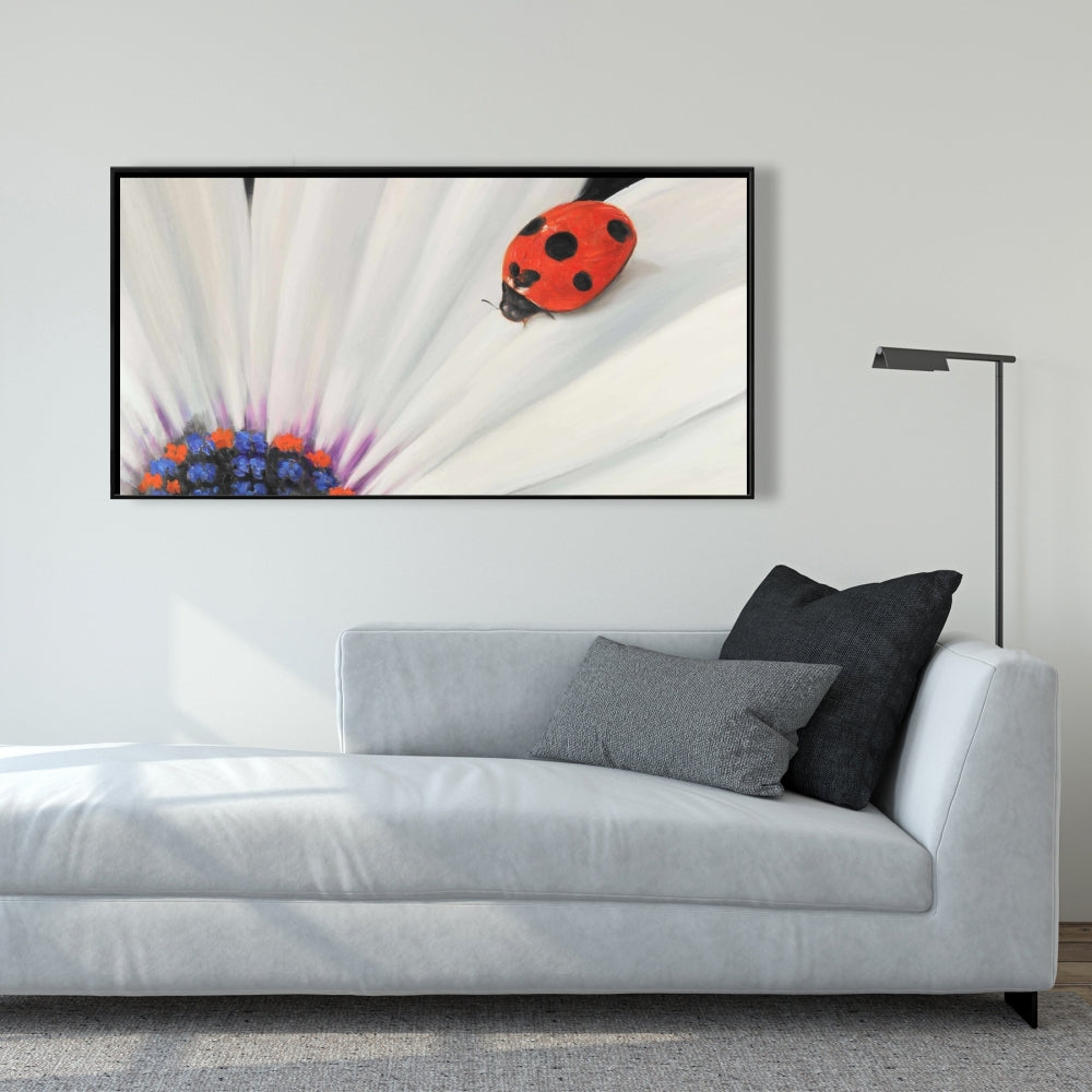 White Daisy and Ladybug Canvas - Romantic Botanical Decor