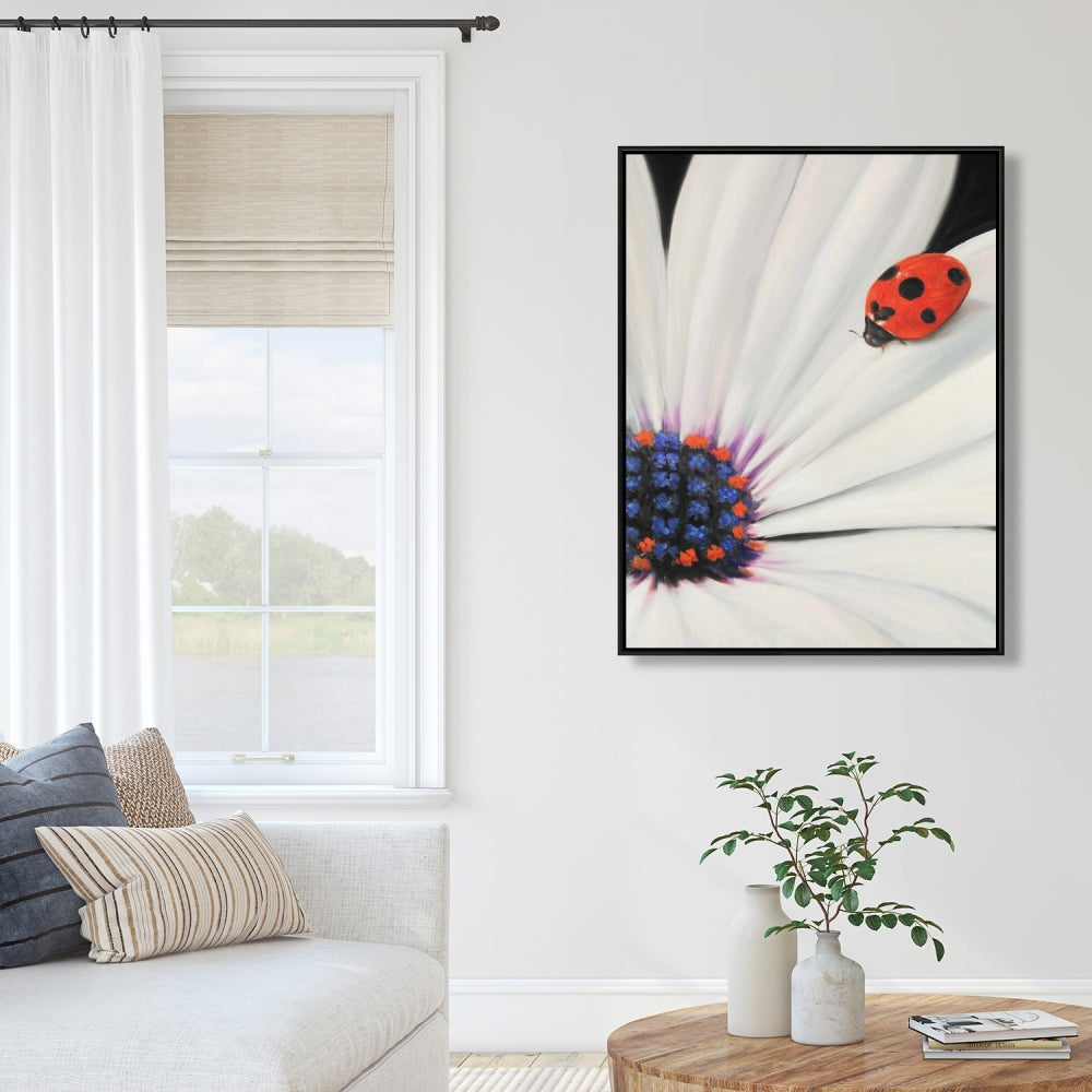 White Daisy and Ladybug Canvas - Romantic Botanical Decor