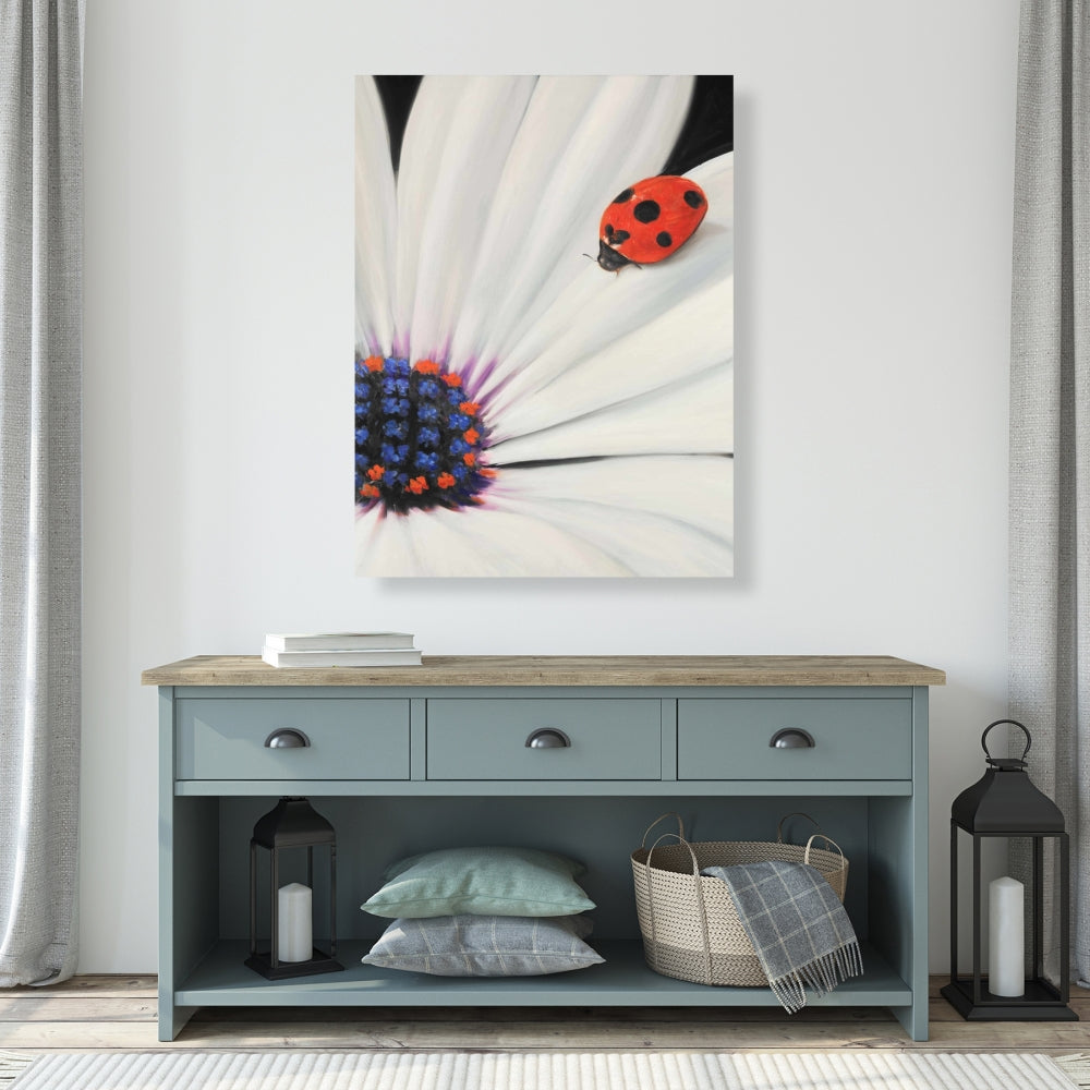 White Daisy and Ladybug | Botanical Blue Bedroom Canvas Decor