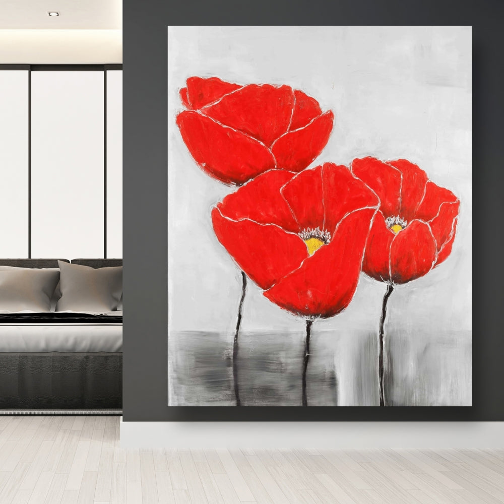 Three Poppies Industrial Gray Canvas - Bedroom Wall Art Decor