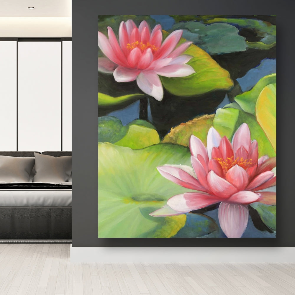 Blue Romantic Bedroom Canvas - Water Lilies and Lotus Flowers