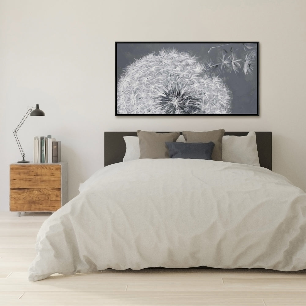 Blowing Dandelion Monochrome Canvas | Floral Bedroom Decor