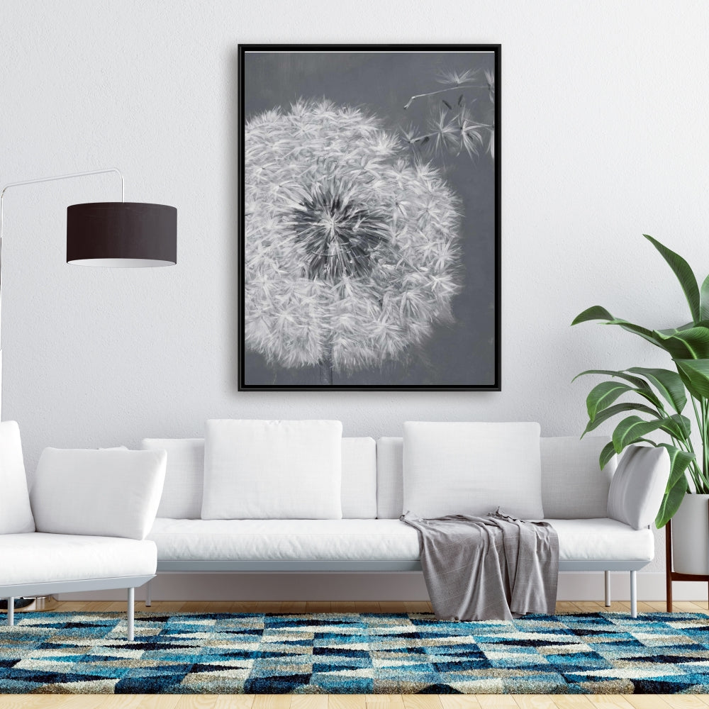 Blowing Dandelion Monochrome Canvas | Floral Bedroom Decor