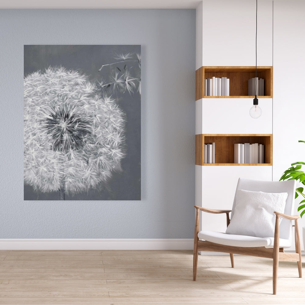 Toile botanique blanche représentant un pissenlit qui souffle | Décoration d'intérieur