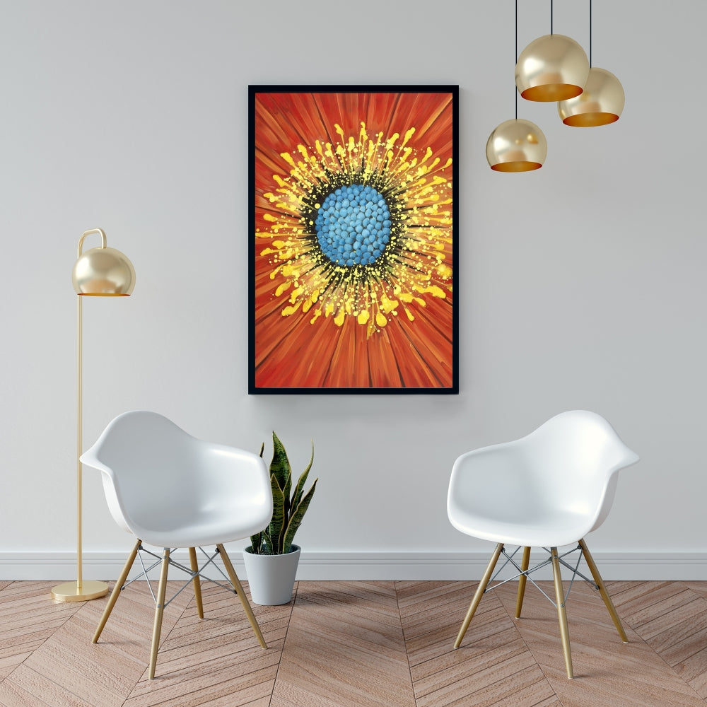 Blue Contemporary Botanical Canvas - Closeup on Red Flower Decor