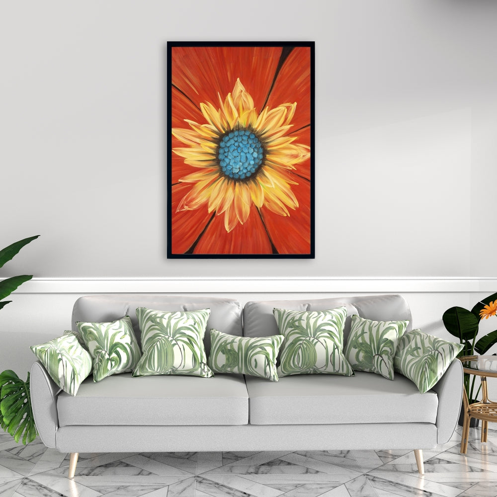 Flower Middle Blue Framed Canvas | Contemporary Bedroom Decor