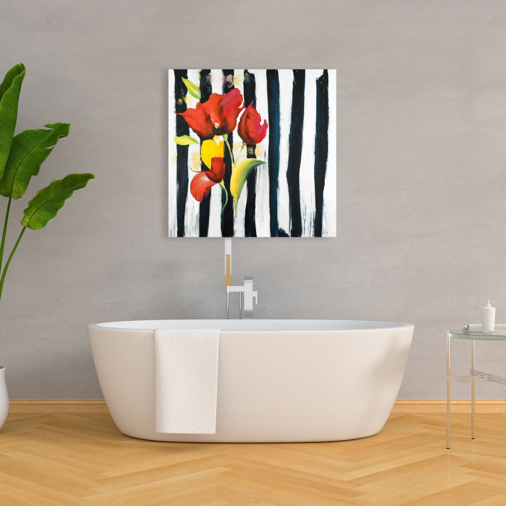Red Flowers on Stripes Canvas - Botanical Fashion Home Decor