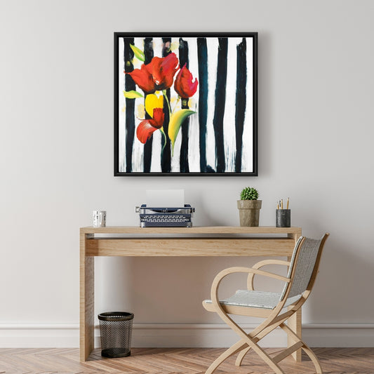 Red Flowers on Stripes Canvas | Blue Fashion Bedroom Decor