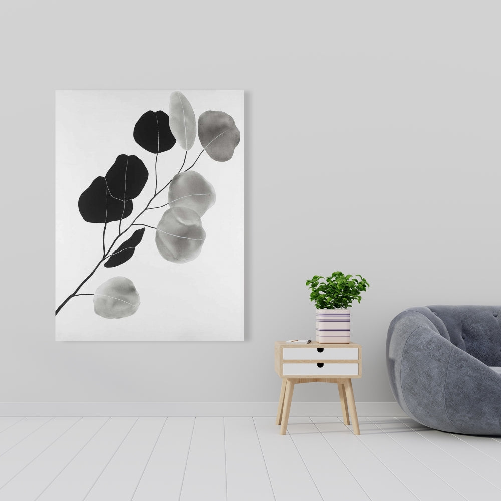 Toile à motifs de branches et de feuilles en nuances de gris | Décoration botanique minimaliste