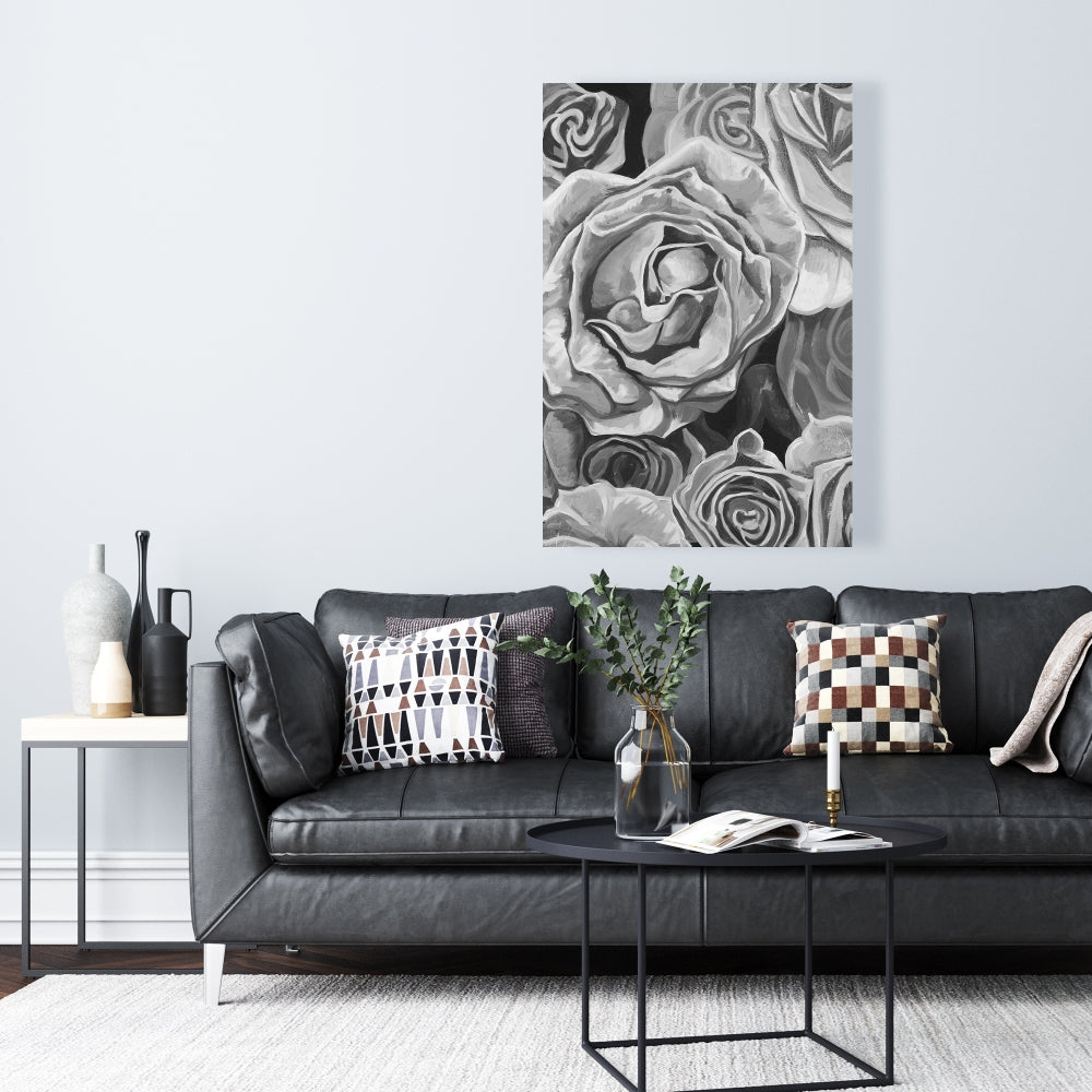 Grayscale Roses Canvas - Monochrome Floral Bedroom Decor