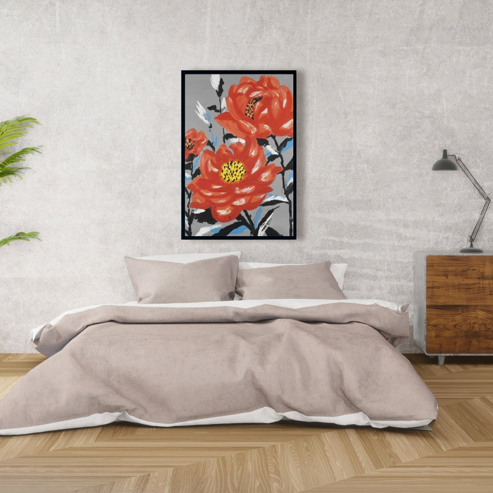 Gray Floral Canvas | Three Pink Flowers, Framed Wall Art
