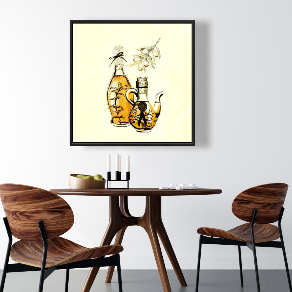 Yellow Object Framed Canvas | Two Bottles of Olive Oil Decor