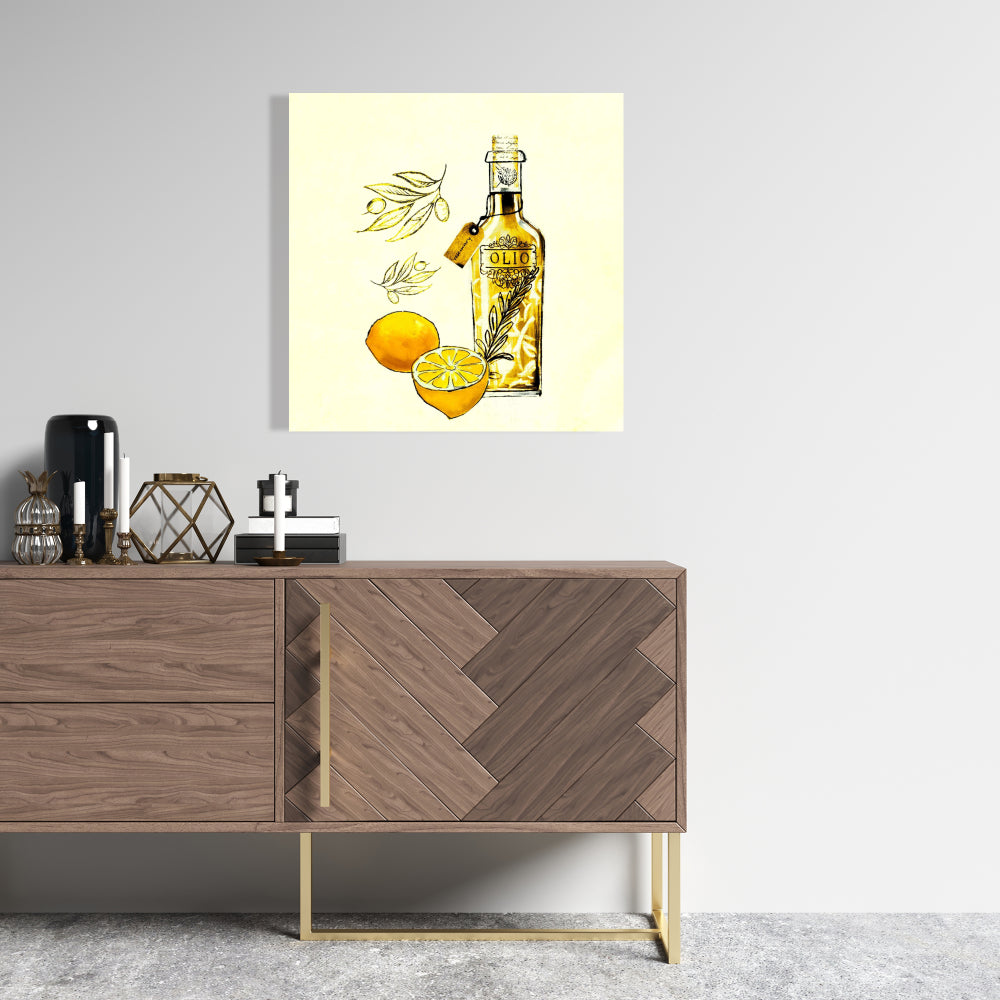 Olive Oil & Lemons Canvas | Illustrative Home Decor Art
