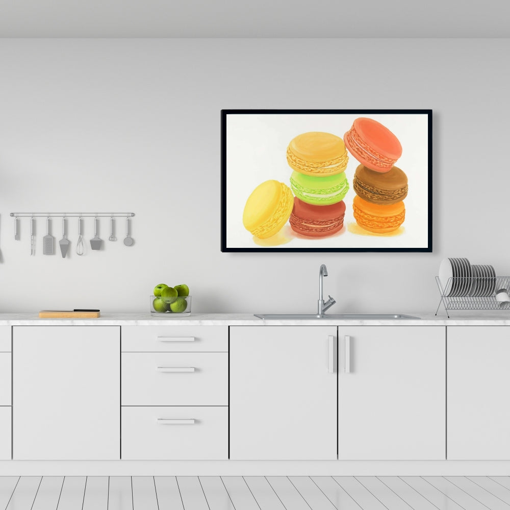 Toile « Délicieux macarons » | Décoration murale avec cadre jaune