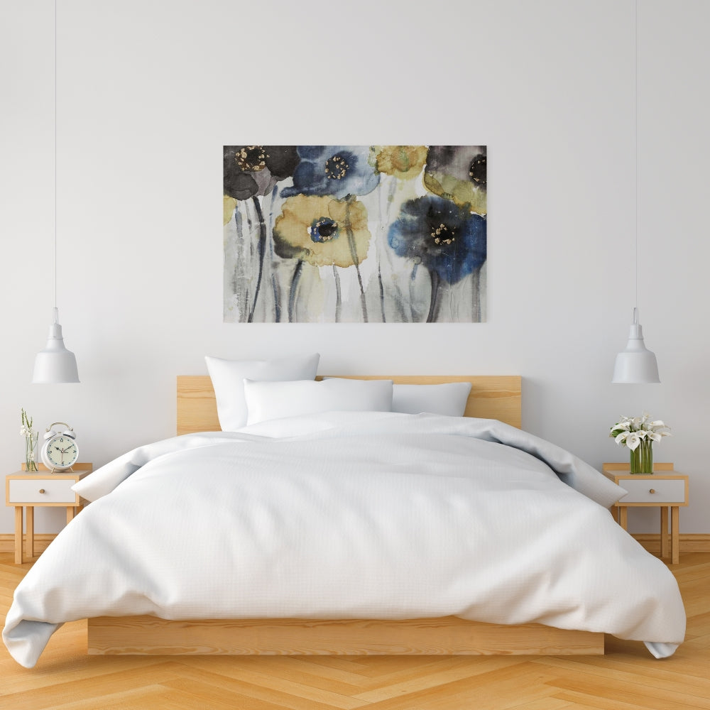 Gray Blue & Yellow Floral Canvas | Contemporary Bedroom Decor