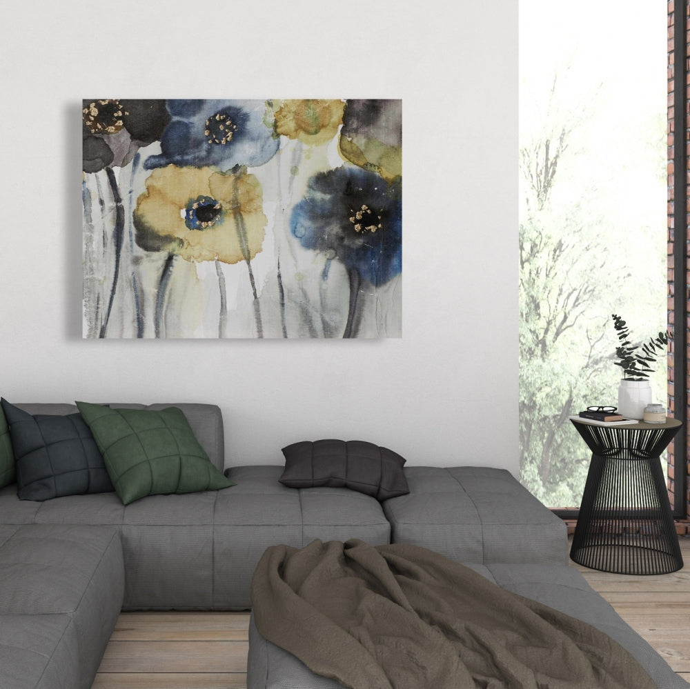 Gray Blue & Yellow Floral Canvas | Contemporary Bedroom Decor