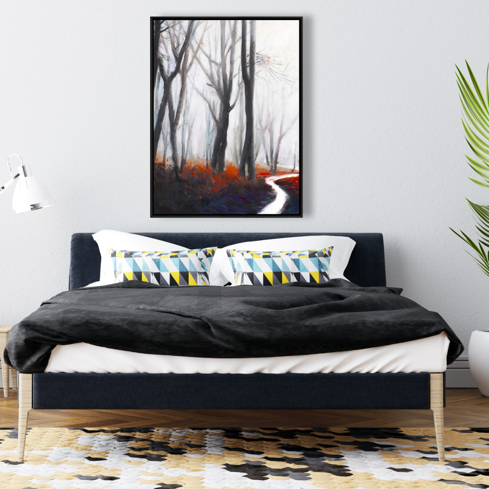 Mysterious Forest Stream Canvas | Gray Framed Trees Bedroom Decor