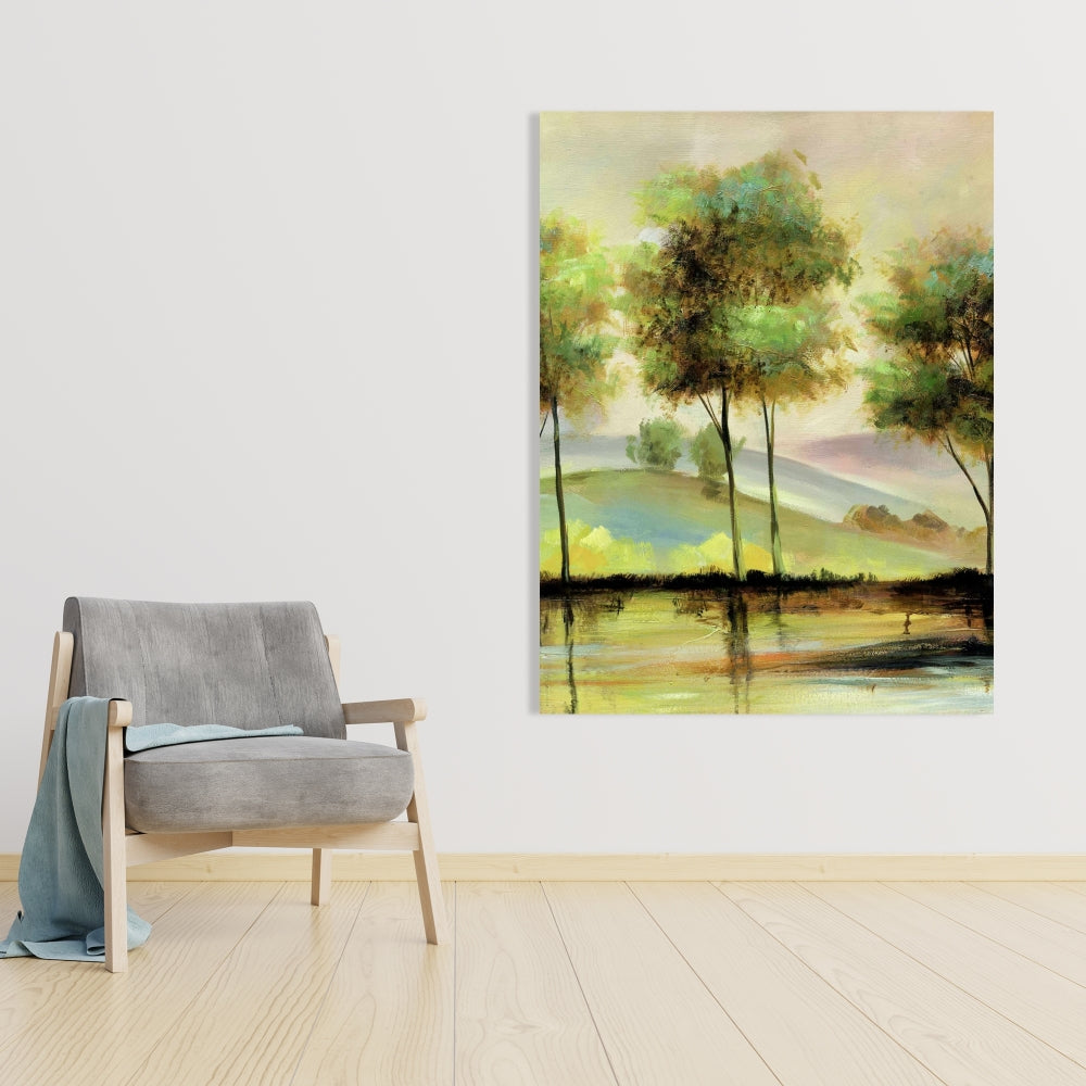 Trees Near the Lake Canvas | Contemporary Green Wall Art