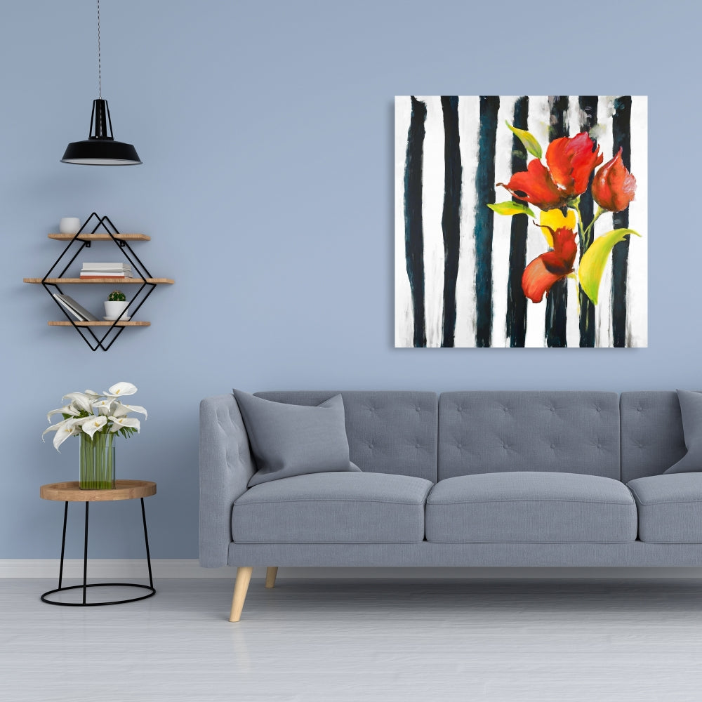 Botanical Bedroom Canvas - Flowers on Black and White Stripes