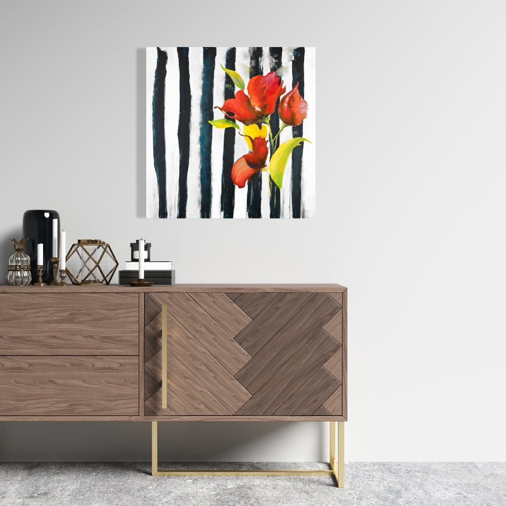 Botanical Bedroom Canvas - Flowers on Black and White Stripes